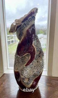 Exquisite Artist Signed Pottery Handmade Sculpted Vase Red Maroon Gray Cream