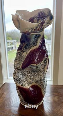 Exquisite Artist Signed Pottery Handmade Sculpted Vase Red Maroon Gray Cream