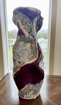 Exquisite Artist Signed Pottery Handmade Sculpted Vase Red Maroon Gray Cream