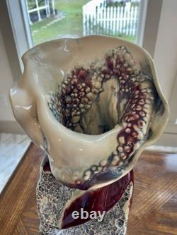 Exquisite Artist Signed Pottery Handmade Sculpted Vase Red Maroon Gray Cream