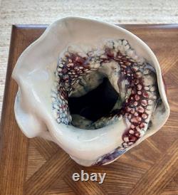 Exquisite Artist Signed Pottery Handmade Sculpted Vase Red Maroon Gray Cream