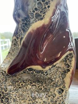 Exquisite Artist Signed Pottery Handmade Sculpted Vase Red Maroon Gray Cream