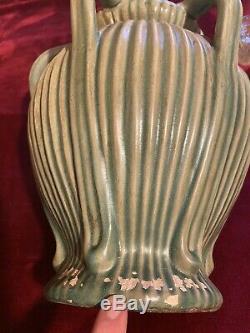 Fabulous Huge Grueby Handled Arts & Crafts Green Styli Leaf Art Pottery Vase 13