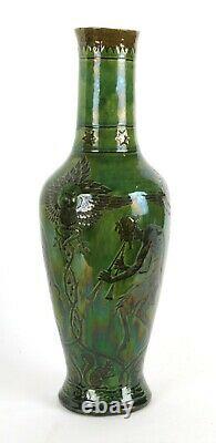 Farnham Pottery Arts and Crafts Fawn and Owl Large Green Vase