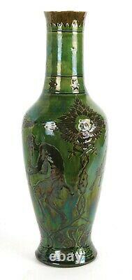 Farnham Pottery Arts and Crafts Fawn and Owl Large Green Vase