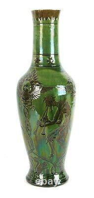 Farnham Pottery Arts and Crafts Fawn and Owl Large Green Vase