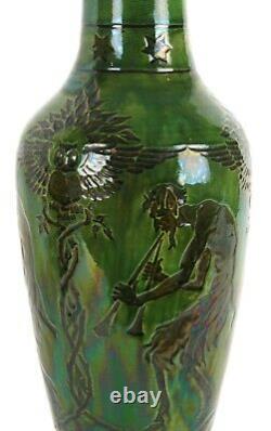 Farnham Pottery Arts and Crafts Fawn and Owl Large Green Vase