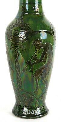 Farnham Pottery Arts and Crafts Fawn and Owl Large Green Vase