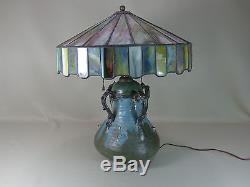 Fine Antique Arts & Crafts Lamp Art Pottery Base w Leaded Glass Shade Handel