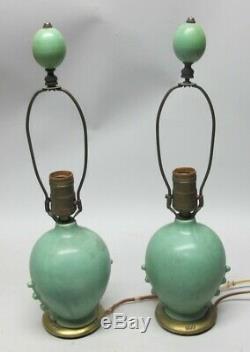 Fine TECO-STYLE Arts & Crafts Matte Green Art Pottery Lamps c. 1920 antique
