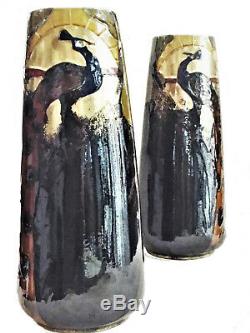 Frederic Rhead, A Pair of Arts & Crafts Terracotta Vases with Peacocks, Ca. 1900