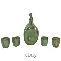 Fulper Arts And Crafts Pottery Flemington Green Decanter And Four Shot Glasses