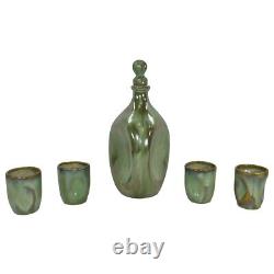 Fulper Arts And Crafts Pottery Flemington Green Decanter And Four Shot Glasses