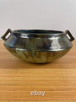 Fulper Arts & Crafts Pottery Slanted Handled Bowl Pot Iridescent Glaze Blue Brow