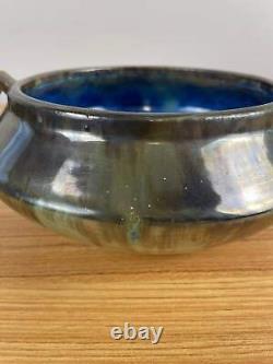 Fulper Arts & Crafts Pottery Slanted Handled Bowl Pot Iridescent Glaze Blue Brow