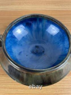 Fulper Arts & Crafts Pottery Slanted Handled Bowl Pot Iridescent Glaze Blue Brow