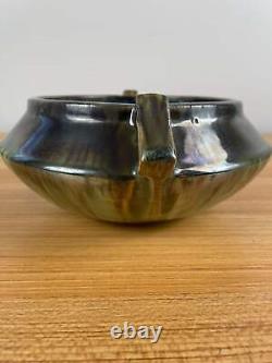 Fulper Arts & Crafts Pottery Slanted Handled Bowl Pot Iridescent Glaze Blue Brow