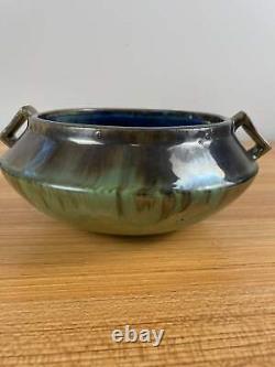 Fulper Arts & Crafts Pottery Slanted Handled Bowl Pot Iridescent Glaze Blue Brow