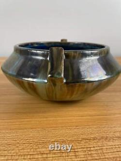 Fulper Arts & Crafts Pottery Slanted Handled Bowl Pot Iridescent Glaze Blue Brow