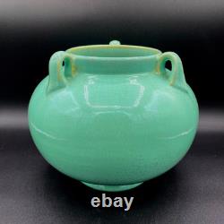 Fulper Pottery #564 Vase Jar Teal Blue Green Crystalline Squat 3 Lobed Handled