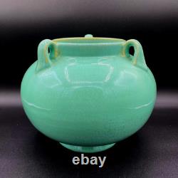 Fulper Pottery #564 Vase Jar Teal Blue Green Crystalline Squat 3 Lobed Handled