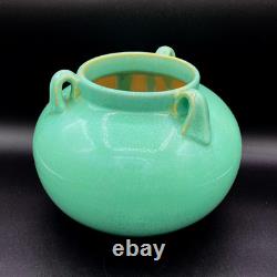 Fulper Pottery #564 Vase Jar Teal Blue Green Crystalline Squat 3 Lobed Handled