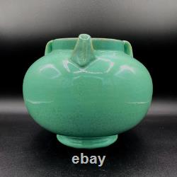 Fulper Pottery #564 Vase Jar Teal Blue Green Crystalline Squat 3 Lobed Handled