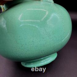 Fulper Pottery #564 Vase Jar Teal Blue Green Crystalline Squat 3 Lobed Handled