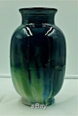 Fulper Pottery Tall Arts & Crafts Vase Mirror Cobalt Glaze Over Green & Blue