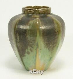 Fulper Pottery octagonal vase crystalline brown over green cream arts & crafts