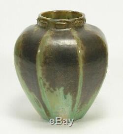 Fulper Pottery octagonal vase crystalline brown over green cream arts & crafts