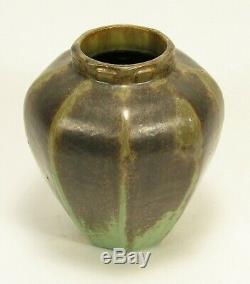 Fulper Pottery octagonal vase crystalline brown over green cream arts & crafts
