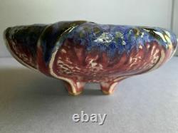 Fulper flambe glaze Arts & Crafts pottery 9 console bowl withstrapwork 1900s