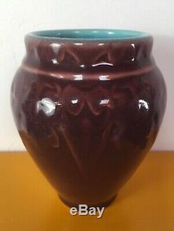 GORGEOUS 1921 ROOKWOOD EGGPLANT+TURQUOISE HIGH GLAZE VASE with ARTS CRAFTS RELIEF