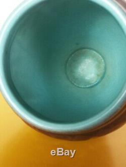 GORGEOUS 1921 ROOKWOOD EGGPLANT+TURQUOISE HIGH GLAZE VASE with ARTS CRAFTS RELIEF