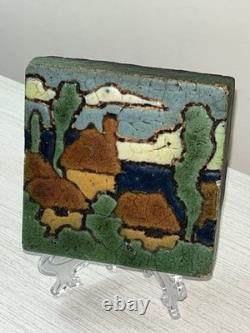 Gorgeous 4 X 4 Signed 6 Color Grueby Landscape Tile Artist Marked