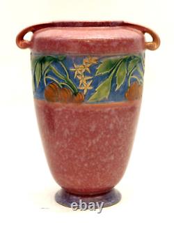 Great Roseville Art Pottery 12 Baneda Arts & Crafts Vase, Pink With Foil Label