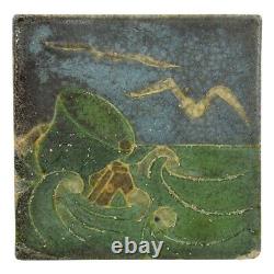 Grueby Antique Arts and Crafts Art Pottery Blue Green Seagull Buoy Seascape Tile