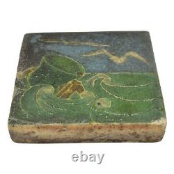 Grueby Antique Arts and Crafts Art Pottery Blue Green Seagull Buoy Seascape Tile