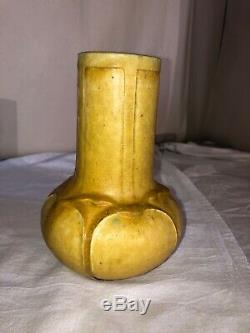 Grueby Ochre Yellow Pottery Vase-Arts & Crafts-Spade Leaves-Boston/Early 1900s