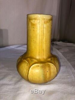 Grueby Ochre Yellow Pottery Vase-Arts & Crafts-Spade Leaves-Boston/Early 1900s