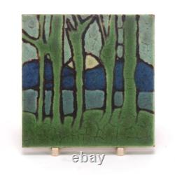 Grueby Pardee Faience moon rise thru trees tile Arts & Crafts matte green blue