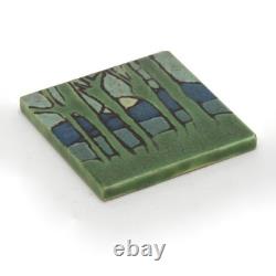 Grueby Pardee Faience moon rise thru trees tile Arts & Crafts matte green blue