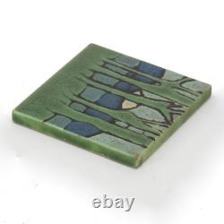 Grueby Pardee Faience moon rise thru trees tile Arts & Crafts matte green blue