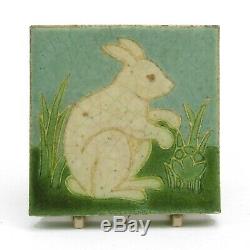 Grueby Pottery Faience 4x4 white rabbit & cabbage tile Arts & Crafts matte green