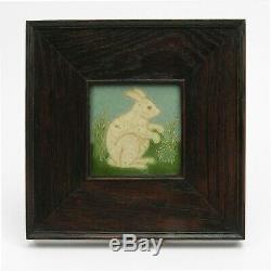 Grueby Pottery Faience 4x4 white rabbit & cabbage tile Arts & Crafts matte green