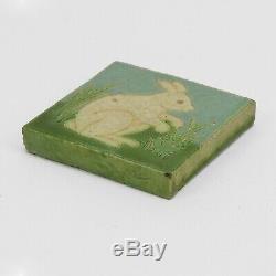 Grueby Pottery Faience 4x4 white rabbit & cabbage tile Arts & Crafts matte green