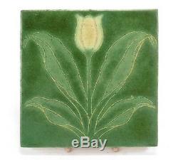 Grueby Pottery Faience 6x6 tulip tile Arts & Crafts matte green yellow