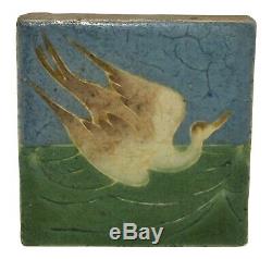 Grueby Pottery Four Color Crane Bird Scenic Arts and Crafts Tile (Erickson)
