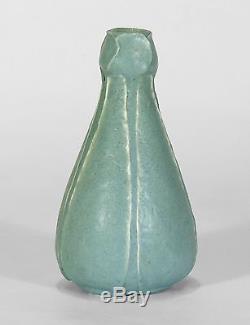 Grueby Pottery rare matte blue green double gourd leaf vase Arts & Crafts Boston